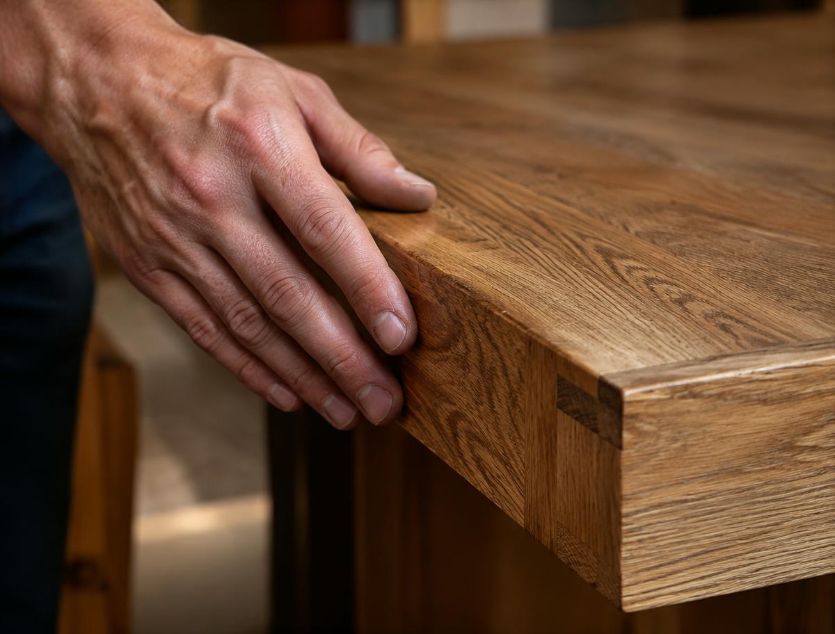 Finished solid oak tabletop edge with fine joinery